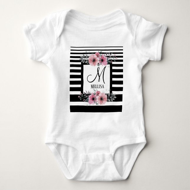 Schwarz-weiße Streifen Rosa Floral Monogramm Baby Strampler (Vorderseite)