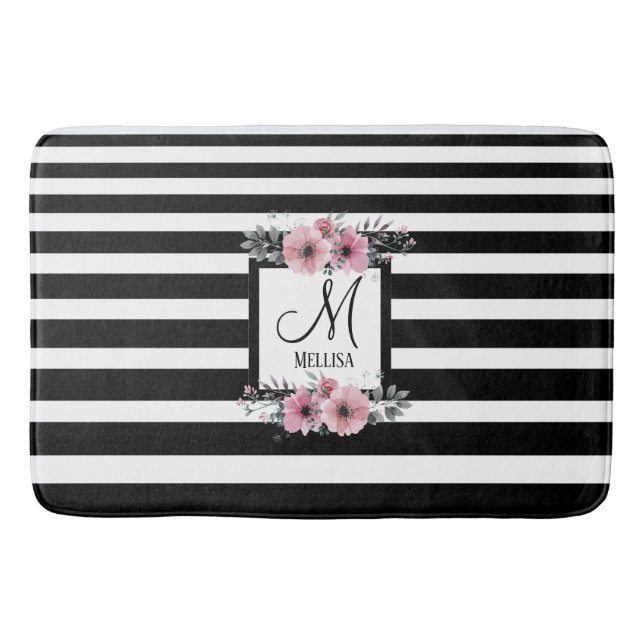 Schwarz-weiße Streifen Rosa Floral Monogramm Badematte (Vorderseite)