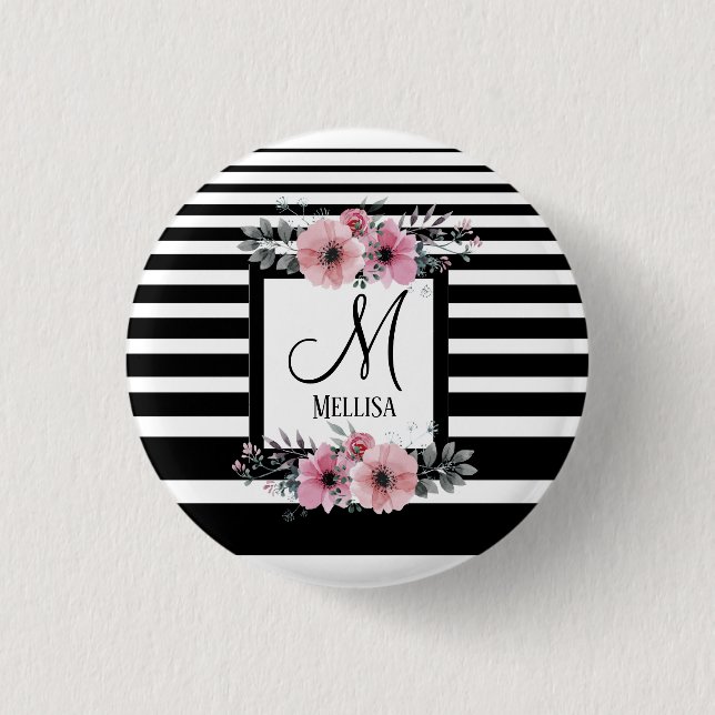 Schwarz-weiße Streifen Rosa Floral Monogramm Button (Vorderseite)