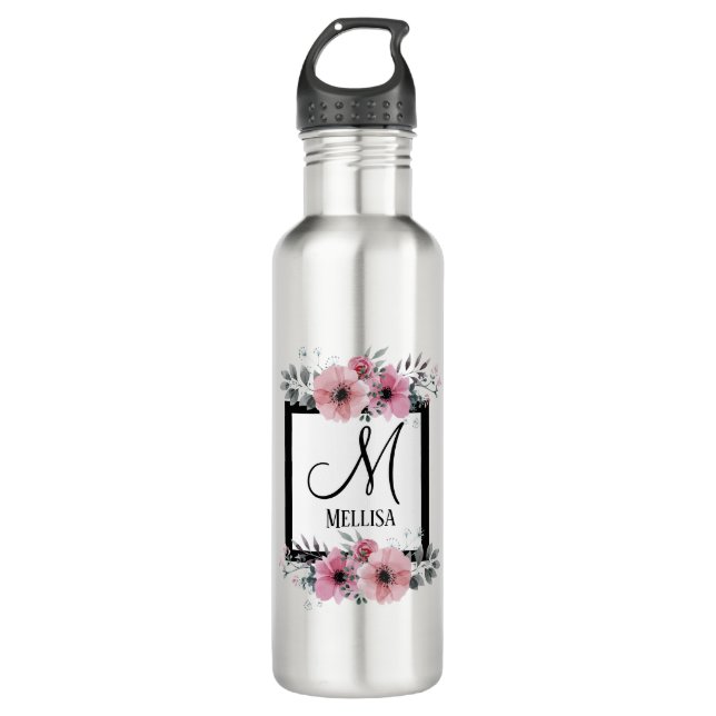 Schwarz-weiße Streifen Rosa Floral Monogramm Edelstahlflasche (Vorderseite)