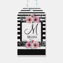 Schwarz-weiße Streifen Rosa Floral Monogramm Geschenkanhänger