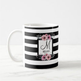Schwarz-weiße Streifen Rosa Floral Monogramm Kaffeetasse