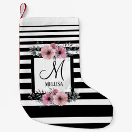 Schwarz-weiße Streifen Rosa Floral Monogramm Kleiner Weihnachtsstrumpf