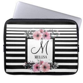 Schwarz-weiße Streifen Rosa Floral Monogramm Laptopschutzhülle