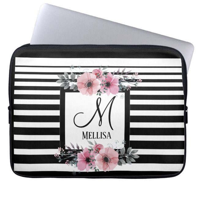 Schwarz-weiße Streifen Rosa Floral Monogramm Laptopschutzhülle (Vorderseite)
