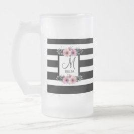 Schwarz-weiße Streifen Rosa Floral Monogramm Mattglas Bierglas