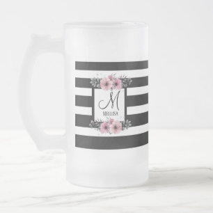 Schwarz-weiße Streifen Rosa Floral Monogramm Mattglas Bierglas