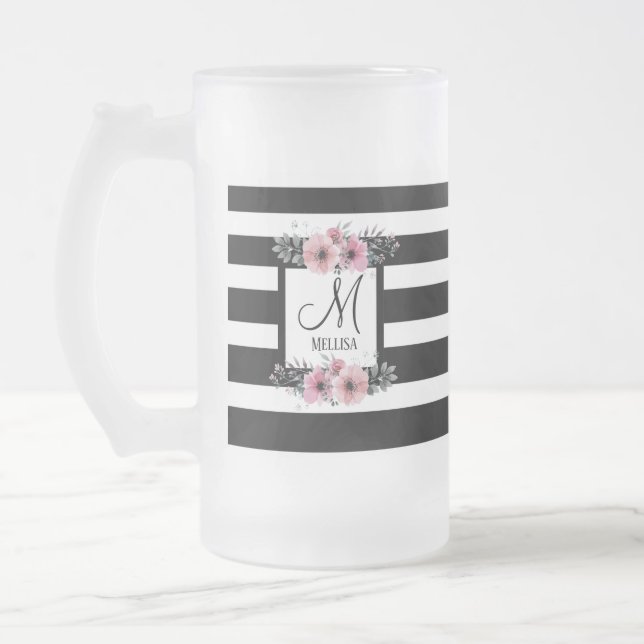 Schwarz-weiße Streifen Rosa Floral Monogramm Mattglas Bierglas (Links)