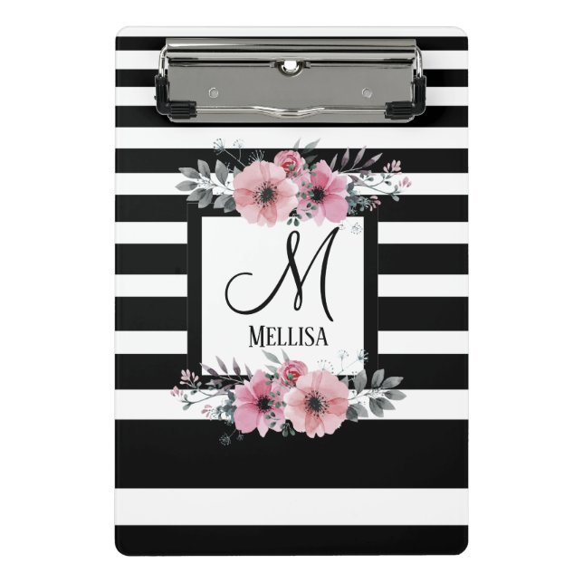 Schwarz-weiße Streifen Rosa Floral Monogramm Mini Klemmbrett (Vorderseite)
