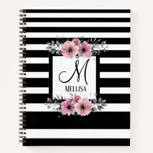 Schwarz-weiße Streifen Rosa Floral Monogramm Notizbuch