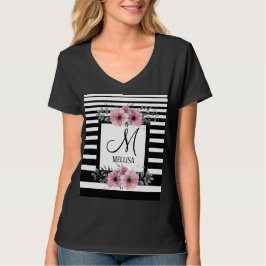 Schwarz-weiße Streifen Rosa Floral Monogramm T-Shirt