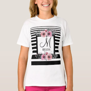 Schwarz-weiße Streifen Rosa Floral Monogramm T-Shirt