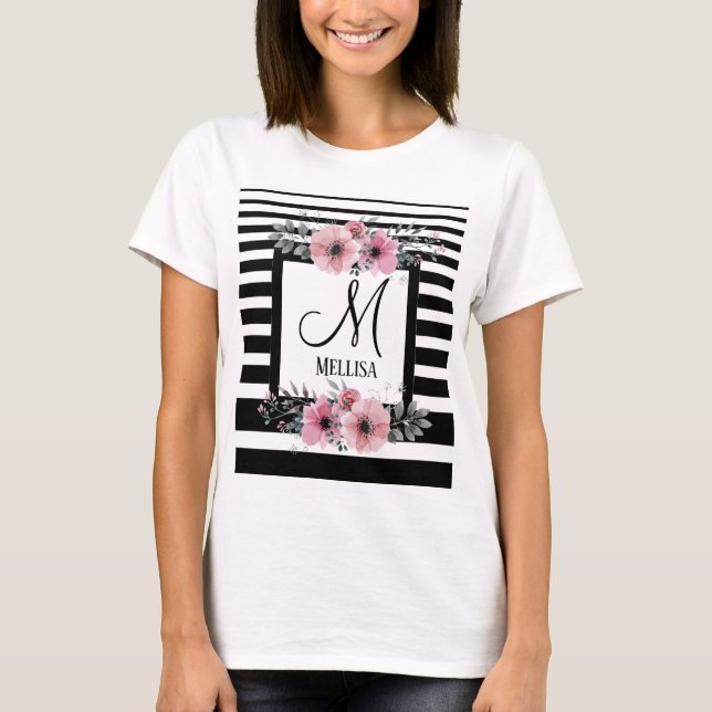 Schwarz-weiße Streifen Rosa Floral Monogramm T-Shirt (Vorderseite)