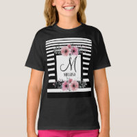 Schwarz-weiße Streifen Rosa Floral Monogramm