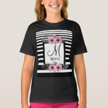 Schwarz-weiße Streifen Rosa Floral Monogramm