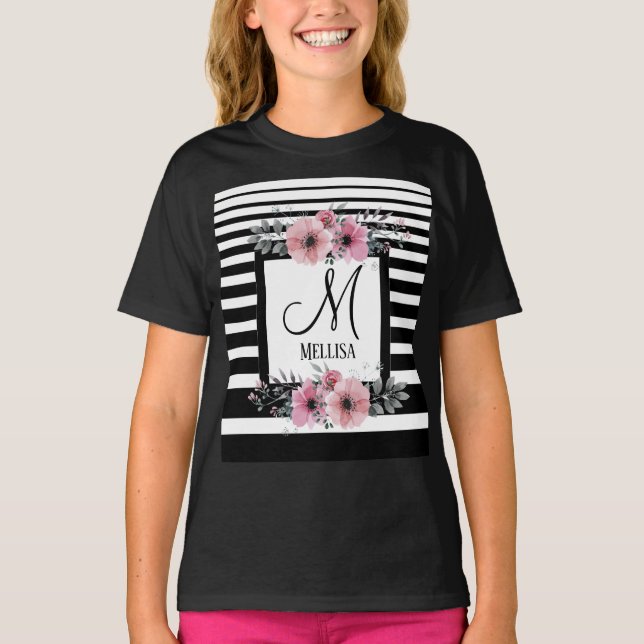Schwarz-weiße Streifen Rosa Floral Monogramm T-Shirt (Vorderseite)