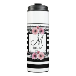 Schwarz-weiße Streifen Rosa Floral Monogramm Thermosbecher