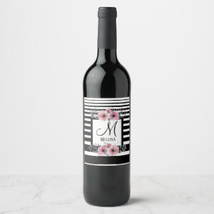 Schwarz-weiße Streifen Rosa Floral Monogramm Weinetikett
