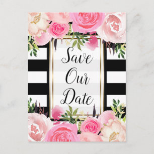 Schwarz Weiße Streifen Rosa Floral Save The Date Ankündigungspostkarte