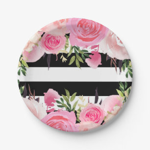 Schwarz Weiße Streifen Rosa Florale Brautparty Pappteller