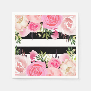 Schwarz Weiße Streifen Rosa Florale Brautparty Serviette