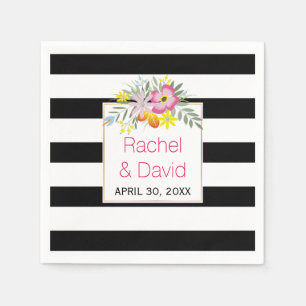 Schwarz-weiße Streifen Rosa Folklore Blume Hochzei Serviette