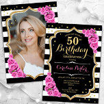Schwarz-weiße Streifen Rosenrosen Foto 50. Geburts Einladung<br><div class="desc">Elegante florale feminine 50. Geburtstagseinladung mit Ihrem Foto auf der Kartenrückseite. Glam Schwarz-weiß rosa Design mit Imitaten Glitzer Gold. Es gibt schwarz-weiße Streifen, rot-rosa Rosen, Skript-Schriftart und Konfetti. Ideal für ein stilvolles Party für Erwachsene. Personalisieren Sie Ihre persönlichen Daten. Kann für jedes Alter angepasst werden! Gedruckte Zazzle Einladungen oder Sofortdownload...</div>
