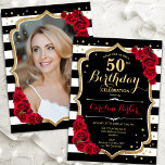 Schwarz-weiße Streifen Rote Rosen Foto 50. Geburts Einladung<br><div class="desc">Elegante florale feminine 50. Geburtstagseinladung mit Ihrem Foto auf der Kartenrückseite. Glam Schwarz-weiß rotes Design mit Imitaten Glitzer Gold. Enthält schwarz-weiße Streifen, rote Rosen, Skript-Schriftart und Konfetti. Ideal für ein stilvolles Party für Erwachsene. Personalisieren Sie Ihre persönlichen Daten. Kann für jedes Alter angepasst werden! Gedruckte Zazzle Einladungen oder Sofortdownload digitalen...</div>