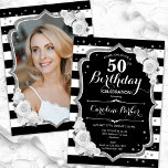 Schwarz-weiße Streifen Silver Foto 50. Geburtstag Einladung<br><div class="desc">Elegante florale feminine 50. Geburtstagseinladung mit Ihrem Foto auf der Kartenrückseite. Glam Schwarz-weißes Design mit Imitaten Glitzer Silber. Enthält schwarz-weiße Streifen, Rose, Skript-Schriftart und Konfetti. Ideal für ein stilvolles Party für Erwachsene. Personalisieren Sie Ihre persönlichen Daten. Kann für jedes Alter angepasst werden! Gedruckte Zazzle Einladungen oder Sofortdownload digitalen druckbaren Vorlage....</div>