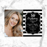 Schwarz-weiße Streifen Silver Foto 50. Geburtstag Einladung<br><div class="desc">Eleganter 50. Geburtstag mit Ihrem Foto. Glam Schwarz-weißes Design mit Imitaten Glitzer Silber. Enthält schwarz-weiße Streifen,  Skript-Schriftart und Konfetti. Ideal für ein stilvolles Party für Erwachsene. Personalisieren Sie Ihre persönlichen Daten. Kann für jedes Alter angepasst werden! Gedruckte Zazzle Einladungen oder Sofortdownload digitalen druckbaren Vorlage.</div>