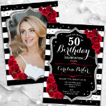 Schwarz-weiße Streifen Silver Red Foto 50. Geburts Einladung<br><div class="desc">Elegante florale feminine 50. Geburtstagseinladung mit Ihrem Foto auf der Kartenrückseite. Glam Schwarz-weiß rotes Design mit Imitaten Glitzer Silber. Enthält schwarz-weiße Streifen, rote Rosen, Skript-Schriftart und Konfetti. Ideal für ein stilvolles Party für Erwachsene. Personalisieren Sie Ihre persönlichen Daten. Kann für jedes Alter angepasst werden! Gedruckte Zazzle Einladungen oder Sofortdownload digitalen...</div>