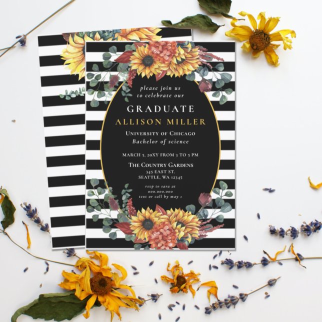 Schwarz-weiße Streifen Sonnenblumen Graduierungspa Einladung (Von Creator hochgeladen)