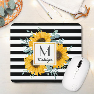 Schwarz-weiße Streifen Sonnenblumenmonogramm Mousepad