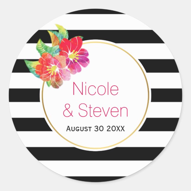 Schwarz-weiße Streifen und Aquarellfarben Blume Ho Runder Aufkleber (Vorderseite)
