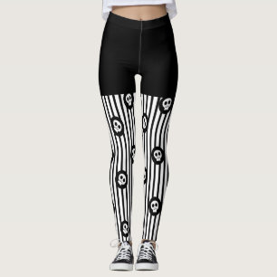 Schwarz-weiße Streifen und kleine Totenköpfe Hallo Leggings