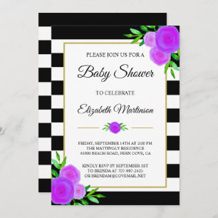 Schwarz-weiße Streifen Wasserfarben Blumenspülung Einladung