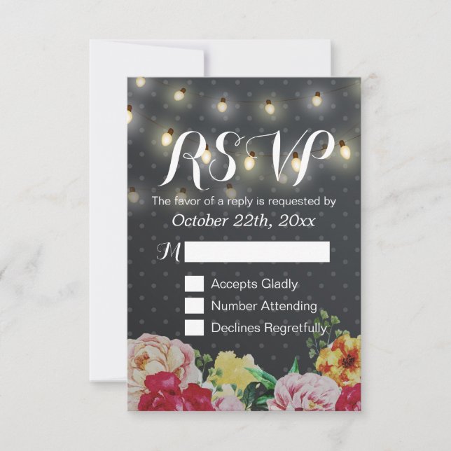 Schwarz-weiße String Lights Floral Wedding RSVP Ca (Vorderseite)
