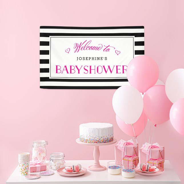 Schwarz-weiße Strip Fuchsia-Mama als | Babydusche Banner (Von Creator hochgeladen)