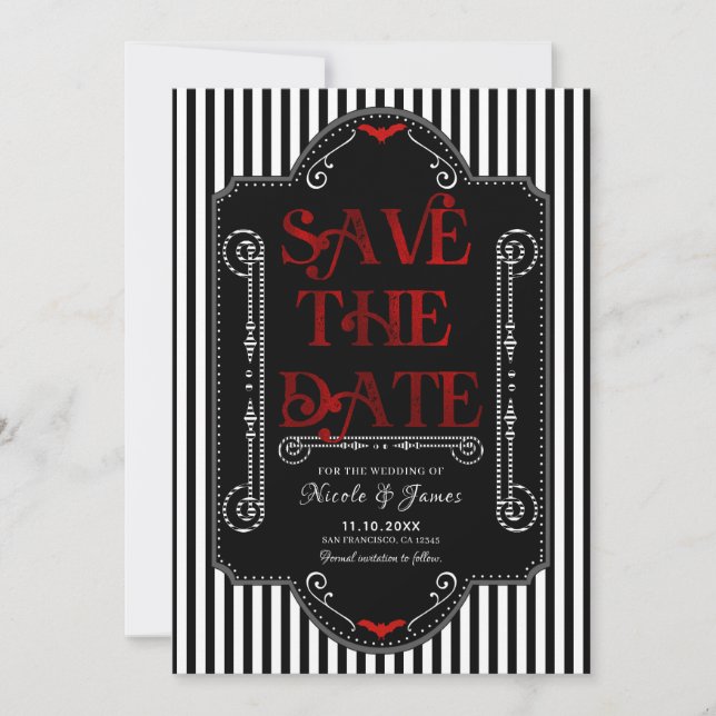 Schwarz-weiße Stripes Red Gothic Bat Hochzeit Save The Date (Vorderseite)
