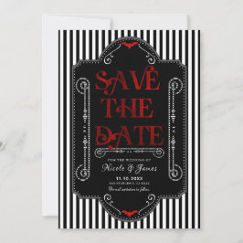 Schwarz-weiße Stripes Red Gothic Bat Hochzeit Save The Date