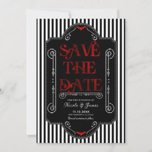 Schwarz-weiße Stripes Red Gothic Bat Hochzeit Save The Date