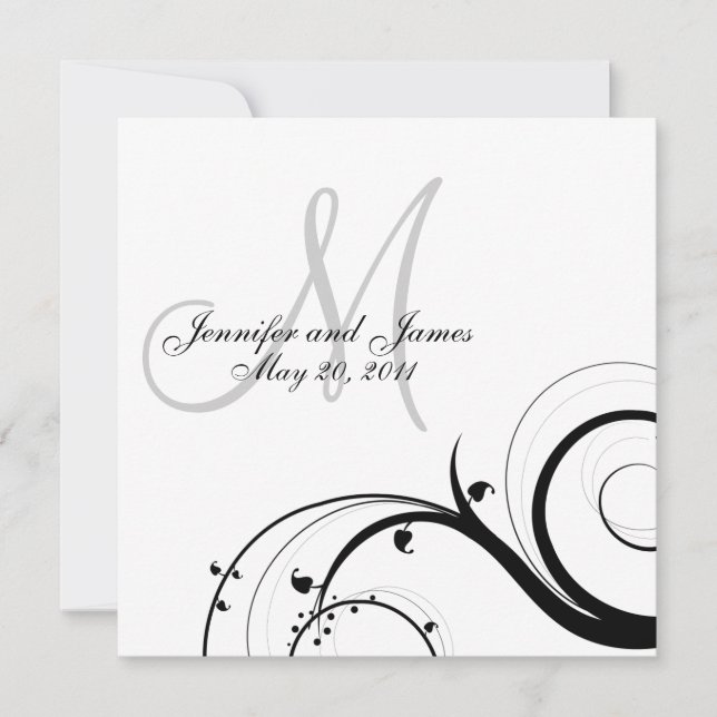 Schwarz-weiße Swirl Monogram Wedding Save the Date (Vorderseite)