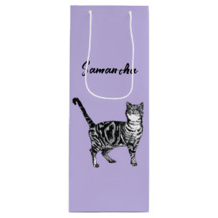 Schwarz-weiße Tabby-Katze Mädchen Name Lila Geschenktüte Für Weinflaschen