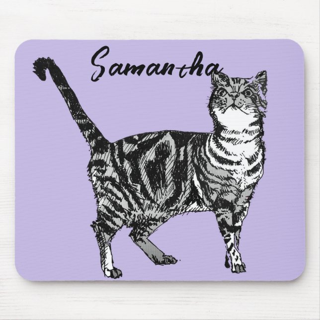 Schwarz-weiße Tabby-Katze Mädchen Name Lila  Mousepad (Vorne)
