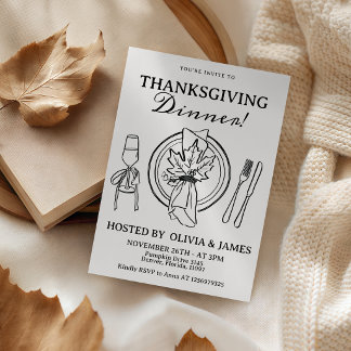 Schwarz-weiße Thanksgiving-Tisch-Linienkunst-Einla Einladung
