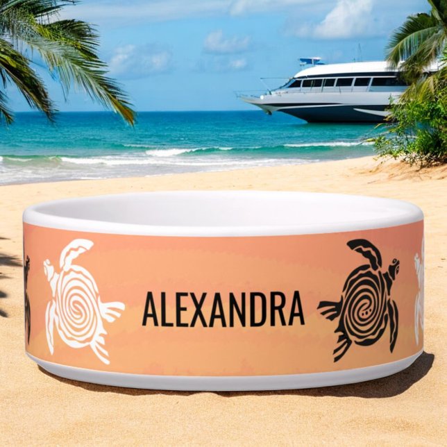 Schwarz-weiße Tribal Art Sea Turtles Orange Pet Napf (custom pet bowl front with tribal turtle design)