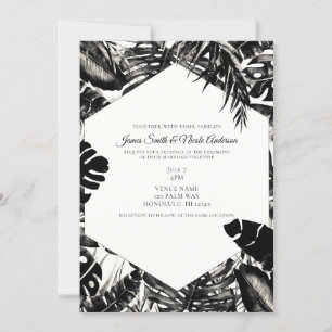 Schwarz-weiße tropische Palmwedel-Hochzeit Einladung