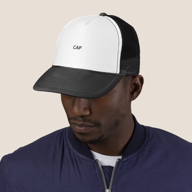 Schwarz-weiße Trucker-Mütze mit "CAP"-Text  Truckerkappe (Beispiel)