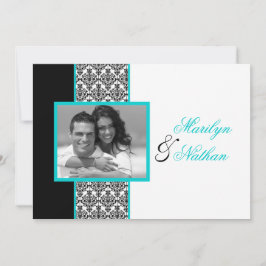 Schwarz-weiße Türkis-Damast-Foto-Hochzeit laden Einladung