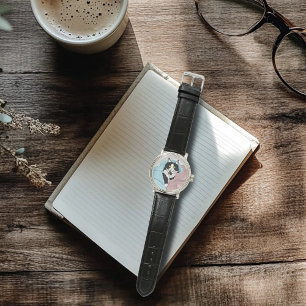 Schwarz-weiße Tuxedo Blankets Katzenwelse Blau Ros Armbanduhr